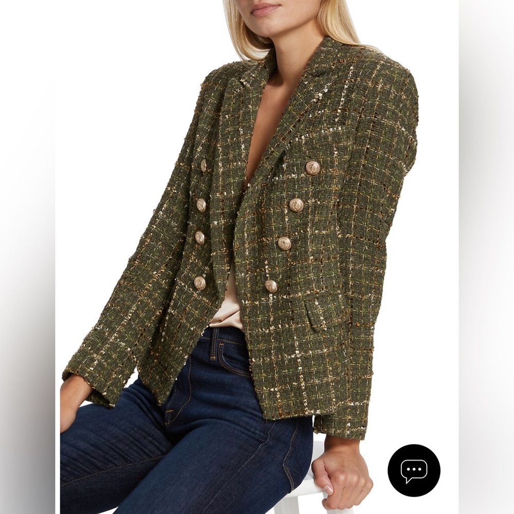Generation Love Olive Green Tweed Double-Breasted Blazer